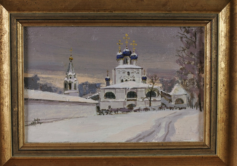 kyrillisch signiert Ölgemälde orthodoxe Kirche Schnee