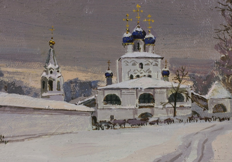 kyrillisch signiert Ölgemälde orthodoxe Kirche Schnee