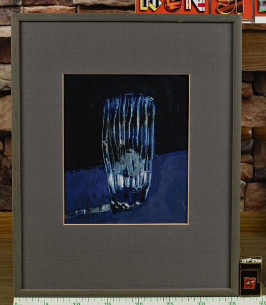 signiert Gemälde blaue Komposition Glas Eiswürfel 1989