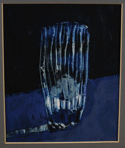 signiert Gemälde blaue Komposition Glas Eiswürfel 1989