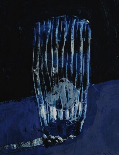signiert Gemälde blaue Komposition Glas Eiswürfel 1989