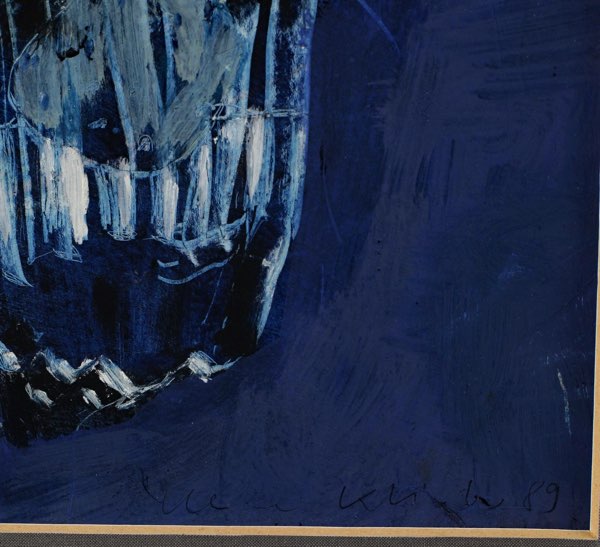 signiert Gemälde blaue Komposition Glas Eiswürfel 1989