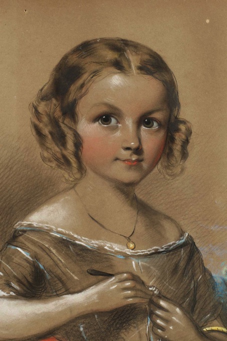 signiert Mack oder Mair Pastell antik Portrait Mädchen Kostüm