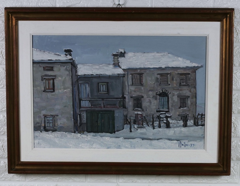 signiert Ölgemälde 1979 Haus Schnee Winter expressiv