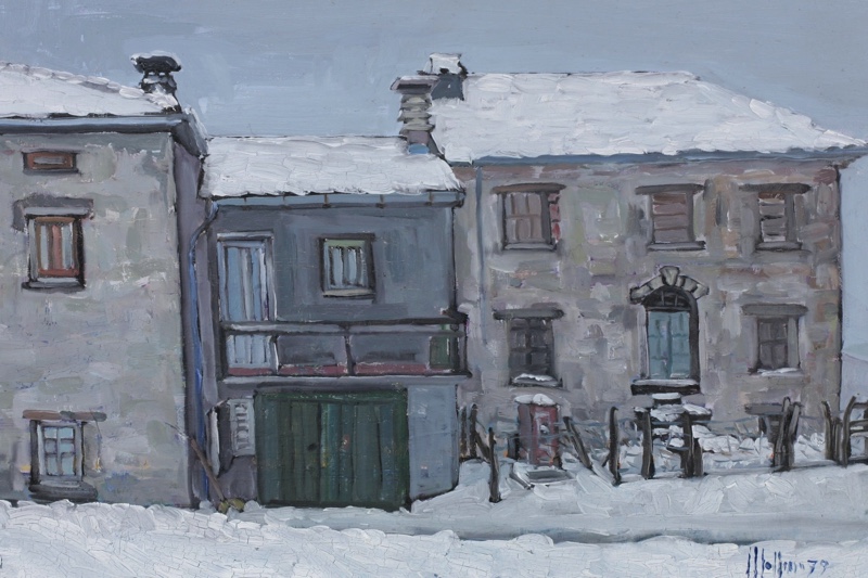 signiert Ölgemälde 1979 Haus Schnee Winter expressiv