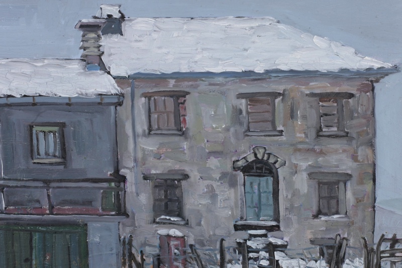 signiert Ölgemälde 1979 Haus Schnee Winter expressiv