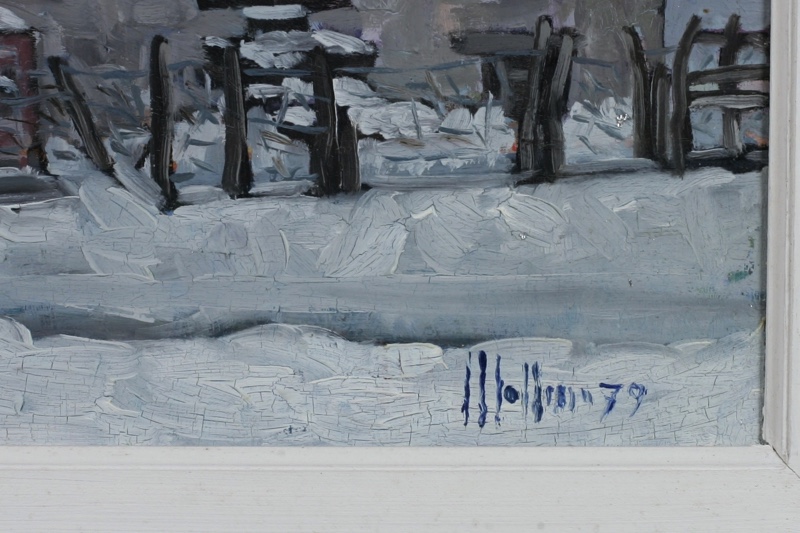signiert Ölgemälde 1979 Haus Schnee Winter expressiv