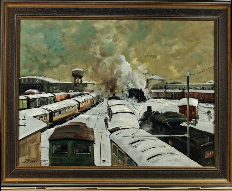 signiert Ölgemälde Dampflok Eisenbahn Winter Bahnhof