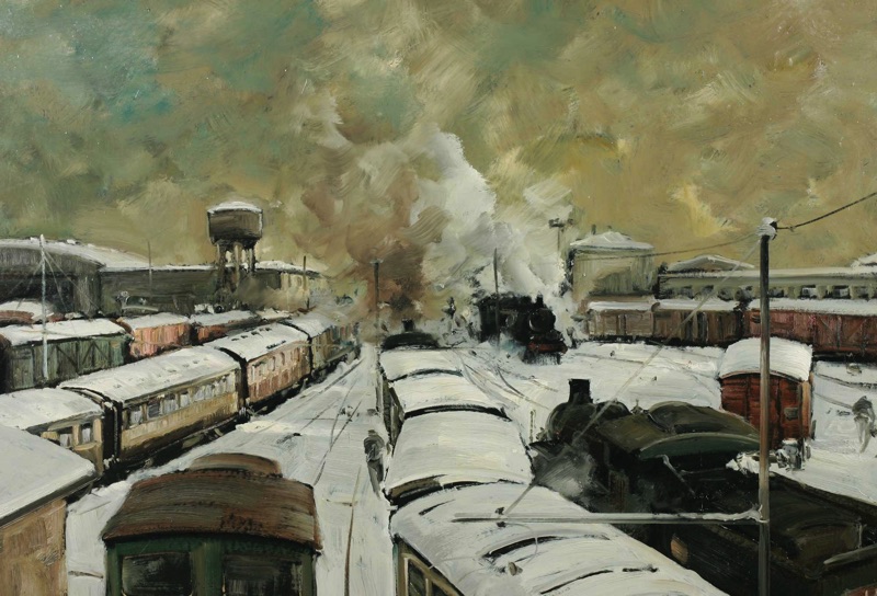 signiert Ölgemälde Dampflok Eisenbahn Winter Bahnhof
