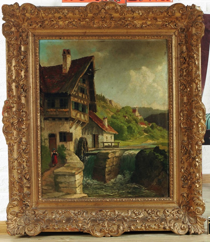 signiert Ölgemälde antik Mühle Landschaft