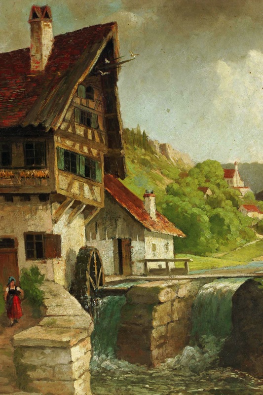signiert Ölgemälde antik Mühle Landschaft