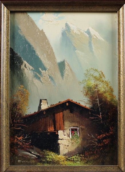 signiertes Ölgemälde Alpen Hütte Panorama