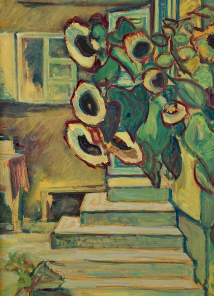 unleserlich Bauer Ölgemälde Sonneblumen Haus
