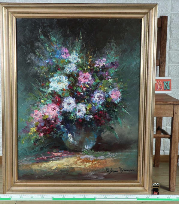 unleserlich signiert Ölgemälde Stillleben Blumen Vase 92cm
