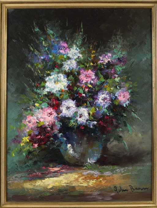 unleserlich signiert Ölgemälde Stillleben Blumen Vase 92cm