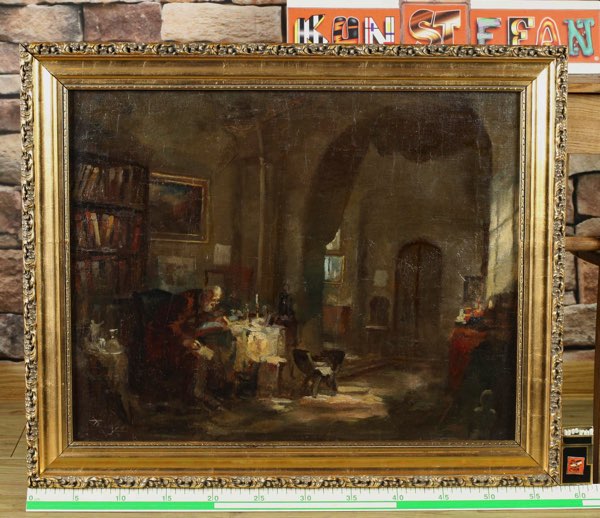 unleserlich signiert Ölgemälde antik Bibliothek Bücherwurm