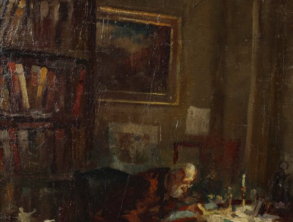 unleserlich signiert Ölgemälde antik Bibliothek Bücherwurm
