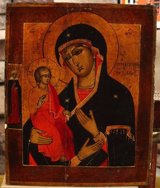 antike Ikone dreihändige Madonna Maria Jesus Kind Oklad Malerei Portrait Riss