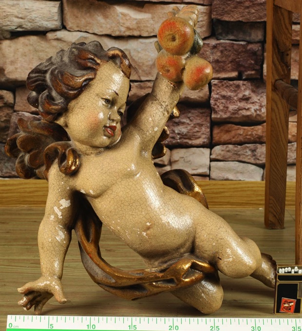 Putto Engel mit Apfel 45cm Holz Schnitzerei Gegenstück Putte Putti beschädigt