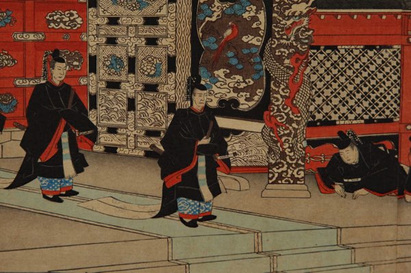 Asiatika Holzschnitt antik Palast koloriert China