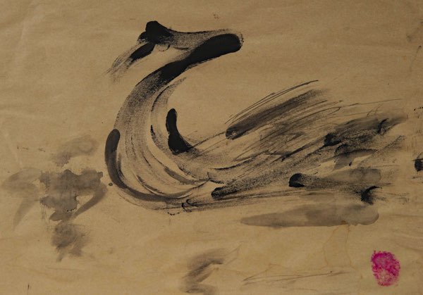 Asiatika Malerei signiert Fingerabdruck Schwan