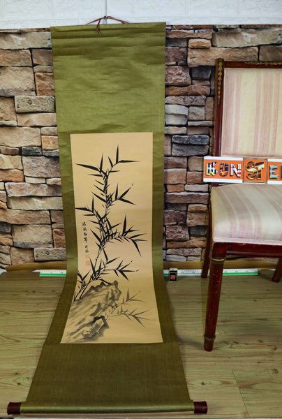 Asiatika Rollbild älter antik 170cm Bambus Pflanze China scroll picture