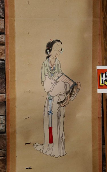 Asiatika Rollbild sehr alt antik Portrait Frau Aquarell China scroll painting 2