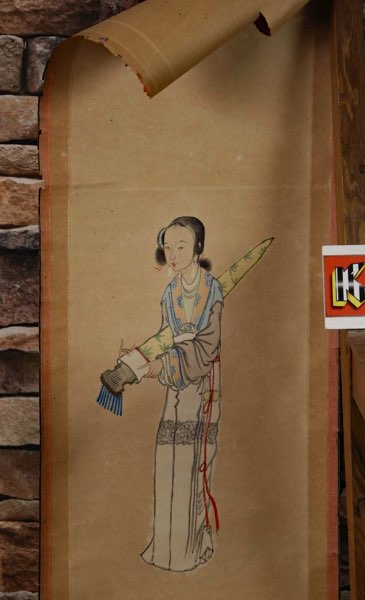 Asiatika Rollbild sehr alt antik Portrait Frau Aquarell China scroll painting 3