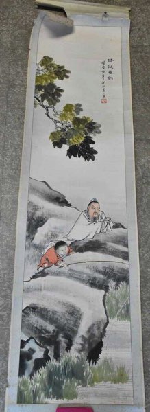 Asiatika Rollbild antik Malerei signiert Mann Kind 5