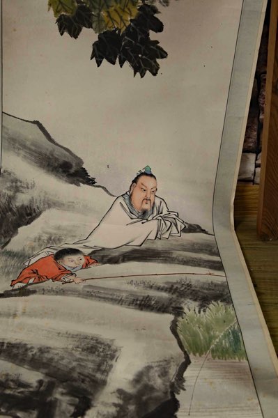 Asiatika Rollbild antik Malerei signiert Mann Kind 5
