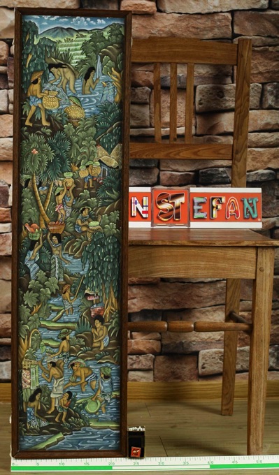 Asiatika Textil Malerei Personen Fluss Dschungel 89cm hoch Südostasien Gemälde