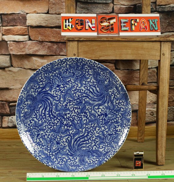 antiker Teller Schale wohl China blau Asiatika Paradiesvögel 39,5cm