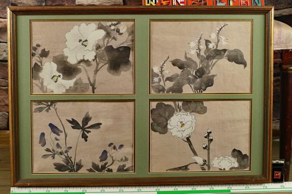Asiatika vier Aquarelle antik Blumen