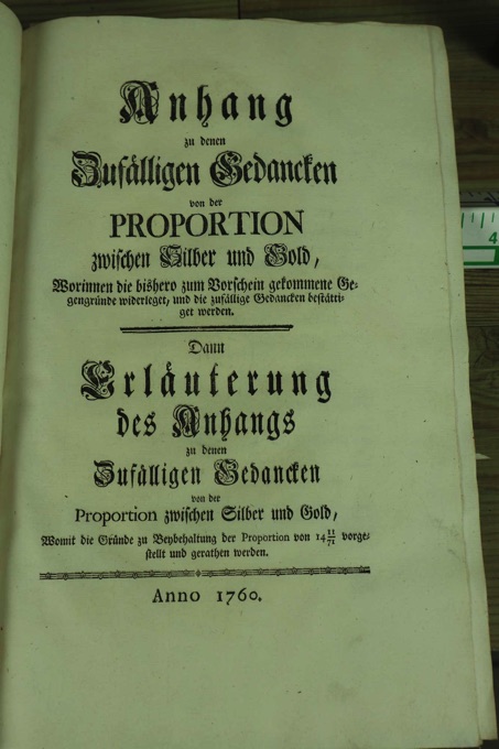 zufällige Gedancken von der Proportion zwischen Silber und Gold 1760