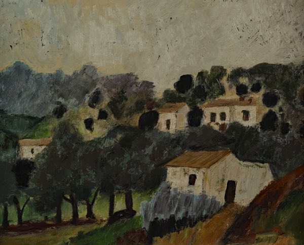 signiert 82 Ölgemälde älter Dorf Landschaft Häuser expressiv abstrakt