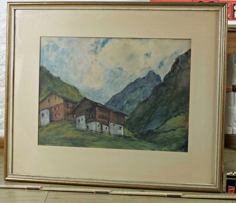 Adalbert Holzer antike Gouache Bergbauernhof oberes Lechtal