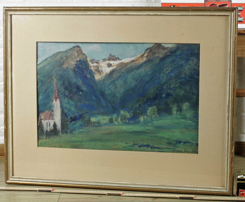 Adalbert Holzer antike Gouache Talgrund Häselgehr Lechtaler Alpen
