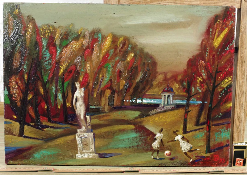 Alexander Osipov älteres Ölgemälde Mädchen mit Ball im Park 1993
