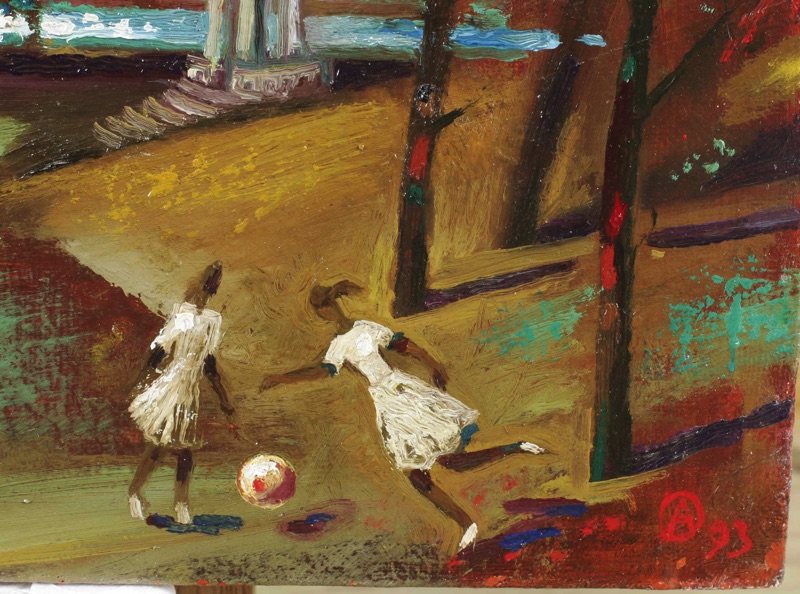 Alexander Osipov älteres Ölgemälde Mädchen mit Ball im Park 1993