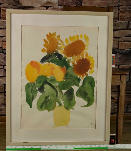 älteres Aquarell Blumen Sonnenblumen Blumenstrauss Vase mit Rahmen 80x62cm 2