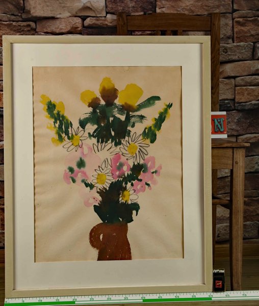 älteres Aquarell Blume Blumenstrauss braune Vase mit Rahmen 75x61cm 3