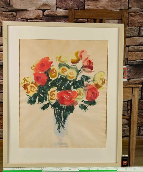 älteres Aquarell Blumen Blumenstrauss Glasvase mit Rahmen 75x62cm