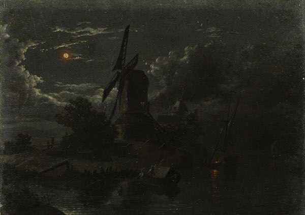 Charles Jules Duvent Ölgemälde antik Windmühle Nacht