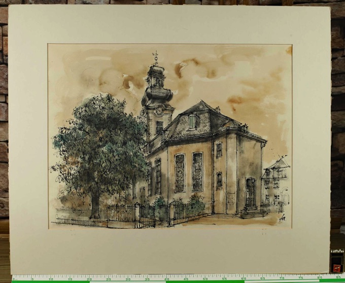 Ferry Ahrle 1924-2018 Aquarell Johanniskirche Frankfurt am Main Bornheim Ahrlé