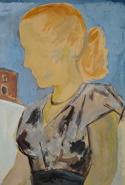 Gouache älter Portrait Frau expressiv Fächer