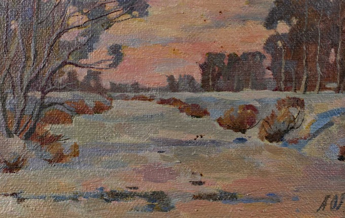 Gusev kyrillisch signiert Ölgemälde von 2001 Winterlandschaft