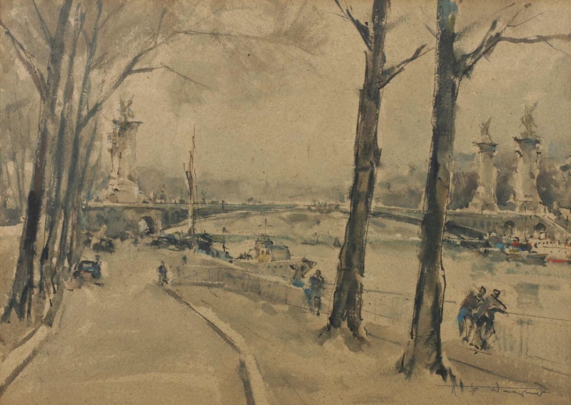 H F Wagner antikes Aquarell Paris Pont Alexandre