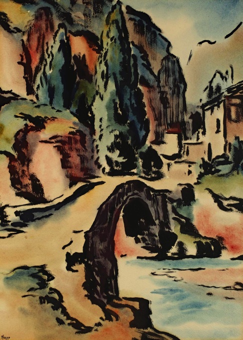 Hans Happ Aquarell Landschaft Brücke