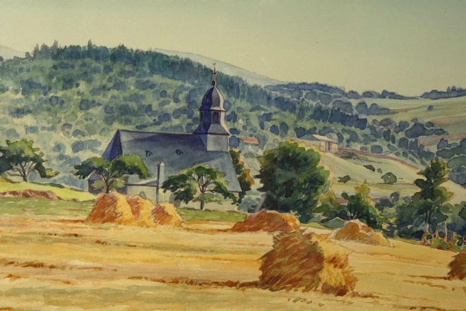 Hans Meinke Aquarell 1963 Kirche Arnoldshain Taunus