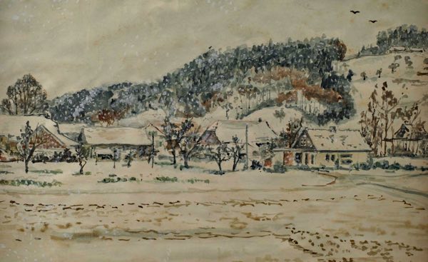 W. Helbling Aquarell älter Landschaft Schnee Winter Schweiz 14.2.1971 Dorf Willi